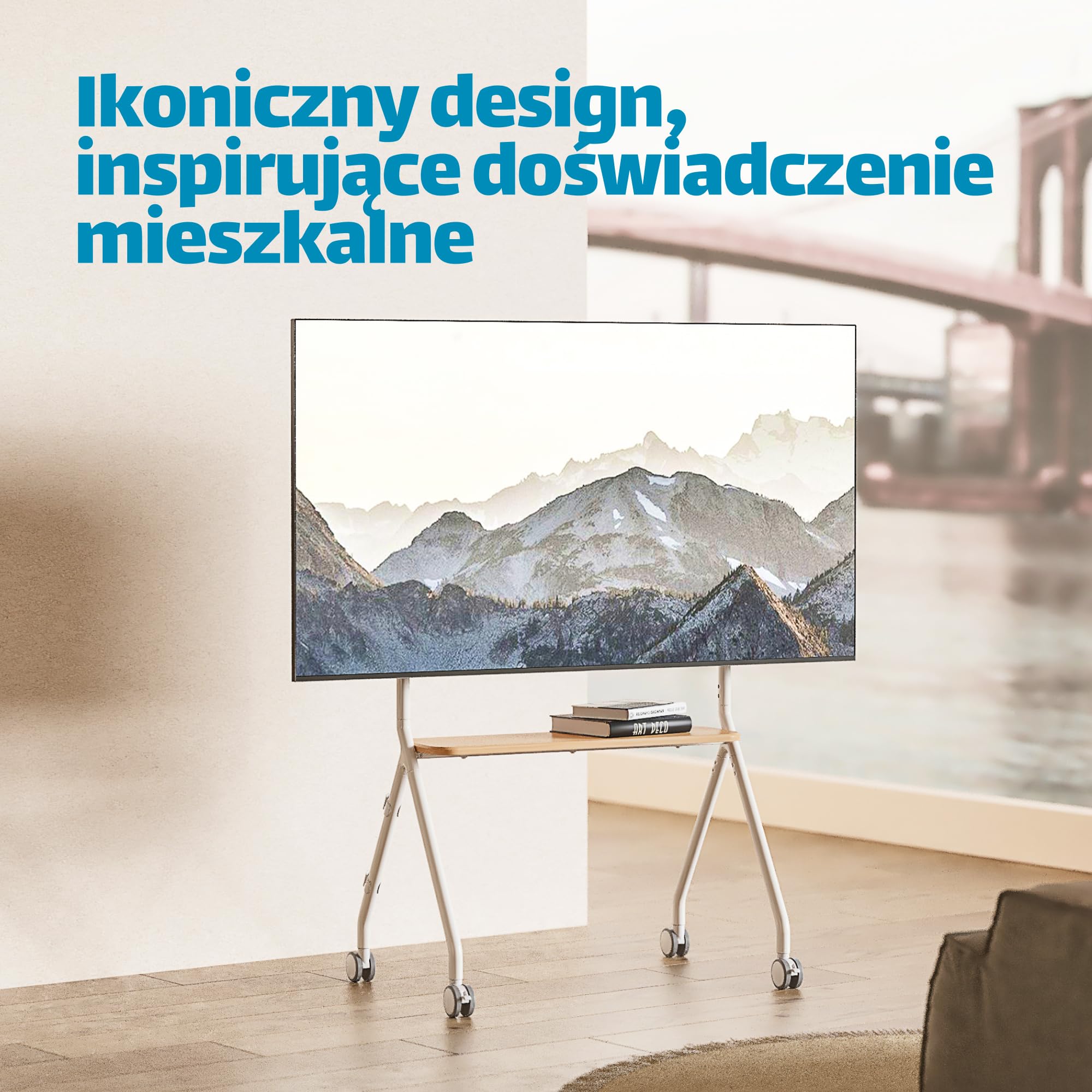 Mobilny stojak TV typu sztaluga do telewizorów 49–80 cali – wózek na kółkach z blokadą, regulowana wysokość, drewniane półki i system zarządzania kablami, VESA 600x400, kolor biały