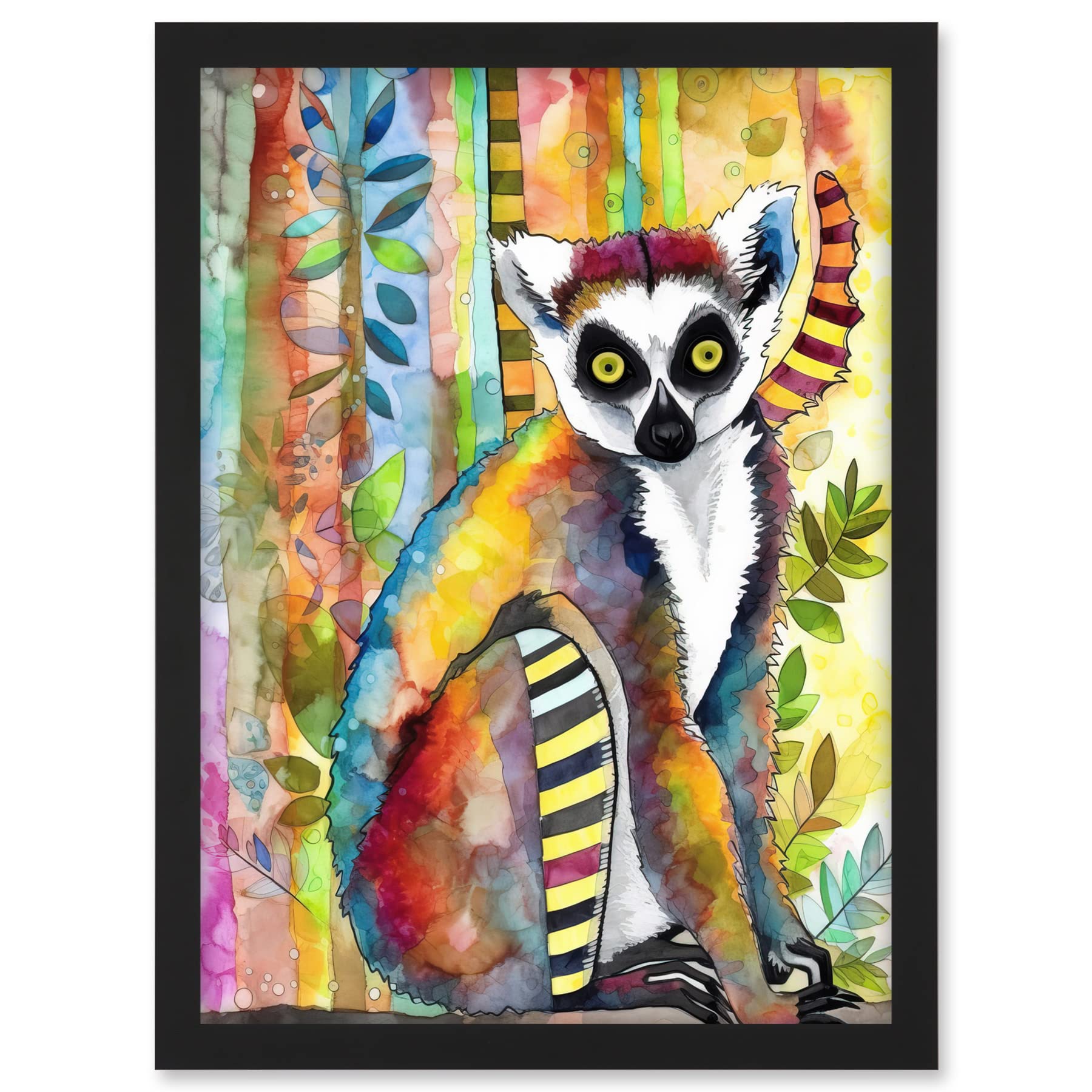 Artery8 Lemur Vibrant Portrait Folk Art Watercolour Painting Artwork Framed A3 Wall Art Print