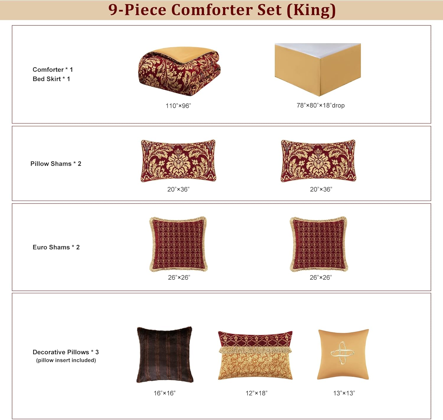 Loom and Mill 9-Piece Chenille Jacquard Comforter Set, Luxury Christmas Red Comforter King Sets, Ultra Soft Floral Bedding with Euro Shams, Bedskirt, Filled Decorative Pillow for Home (Red, King)