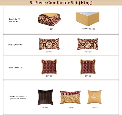 Miniatura 3 de Loom and Mill Juego de edredón jacquard de felpilla de 9 piezas, juego de edredón rojo navideño de lujo, ropa de cama floral ultrasuave con fundas