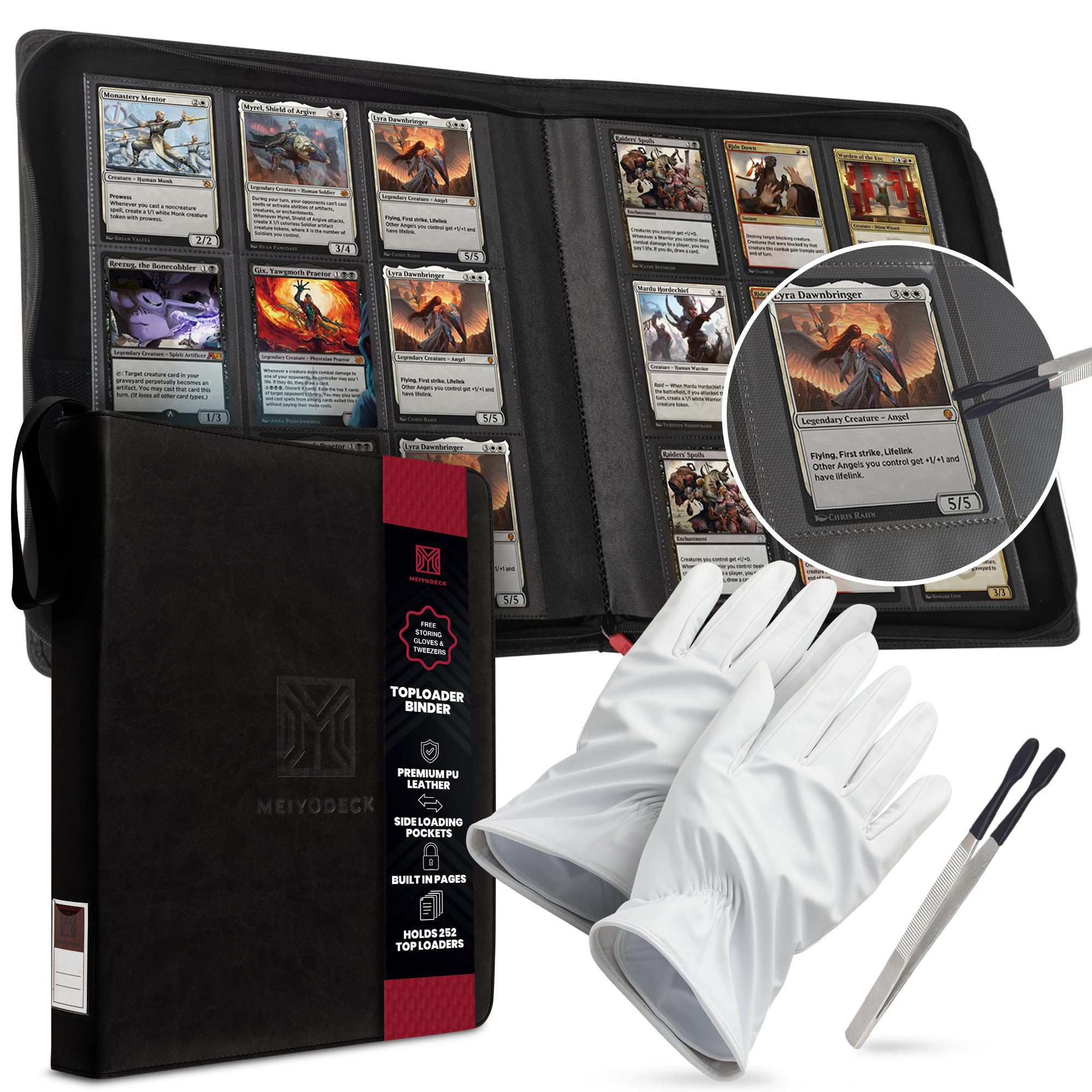 Top Loader Binder | Holds 252 Toploaders | 9-Pocket | Ringless Double-Sided Pockets | Includes Collectors Tweezers & Gloves | Premium Toploader Binder | Ideal for TCG, Sports, and Trading Cards