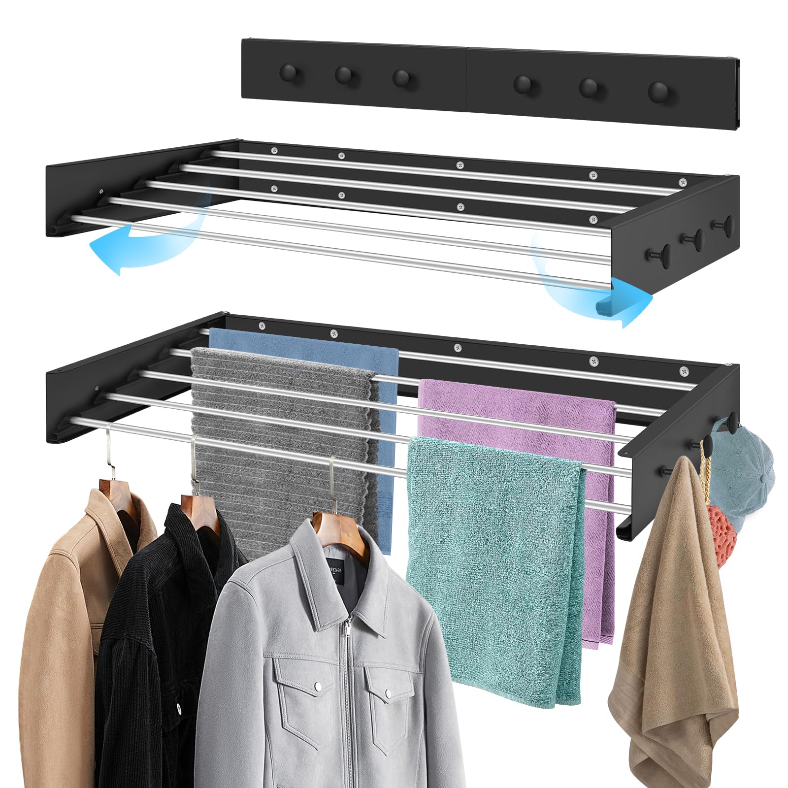 Wäscheständer Wandmontage Wäschetrockner Wand Ausziehbar 100cm Schwarz | Platzsparend Wand Wäschetrockner mit 6 Handtuchhaken, für drinnen oder draußen,Balkon, Terasse