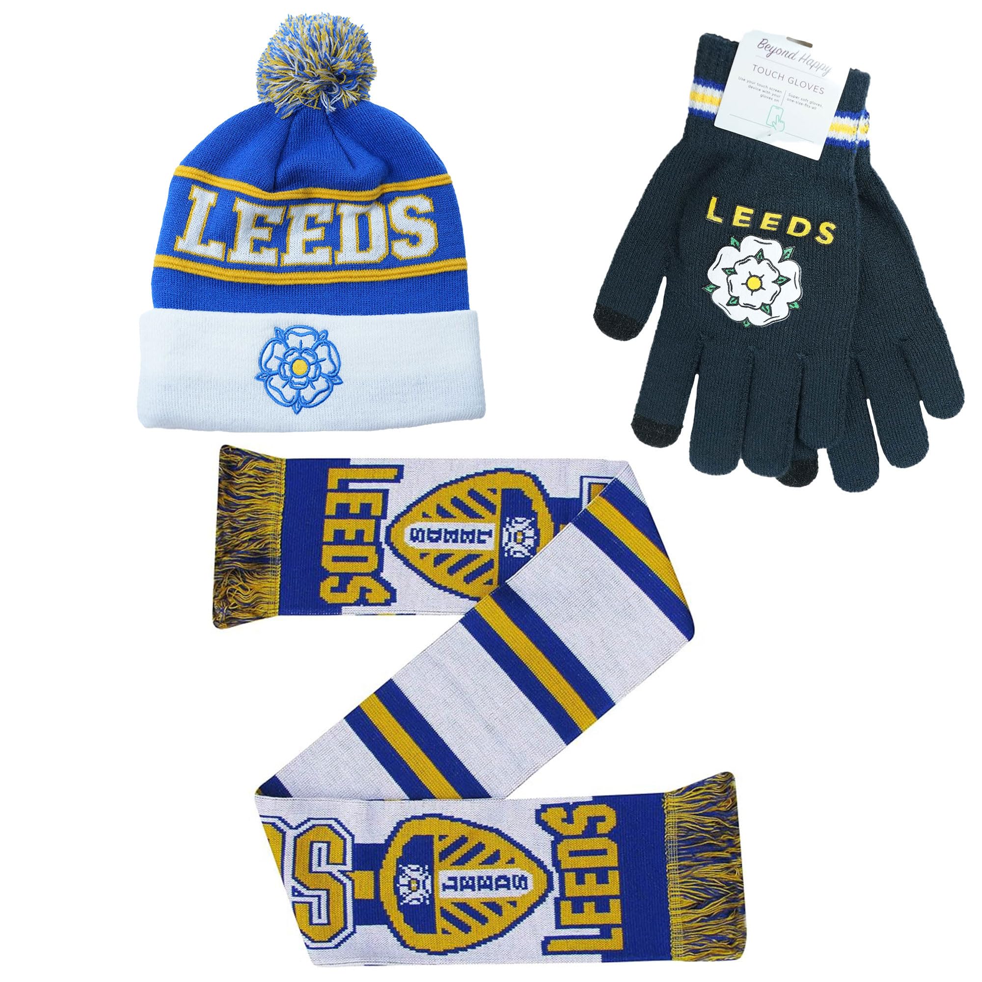 Beyond Happy Unisex Multicolor Leeds Football Ski Hat, Scarf & Touch Gloves Set - Leeds Yorkshire Winter Accessories Set - Acrylic Warm Supporters' Gift