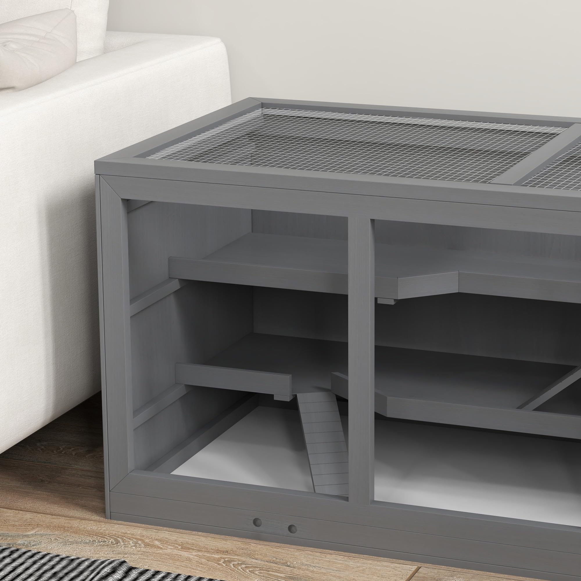 PawHut Jaula de madera para hámster de 3 niveles, con bandeja limpiable, jaula para animales pequeños, con tapa plegable, para hámsters enanos, 115 x 57 x 55 cm, gris