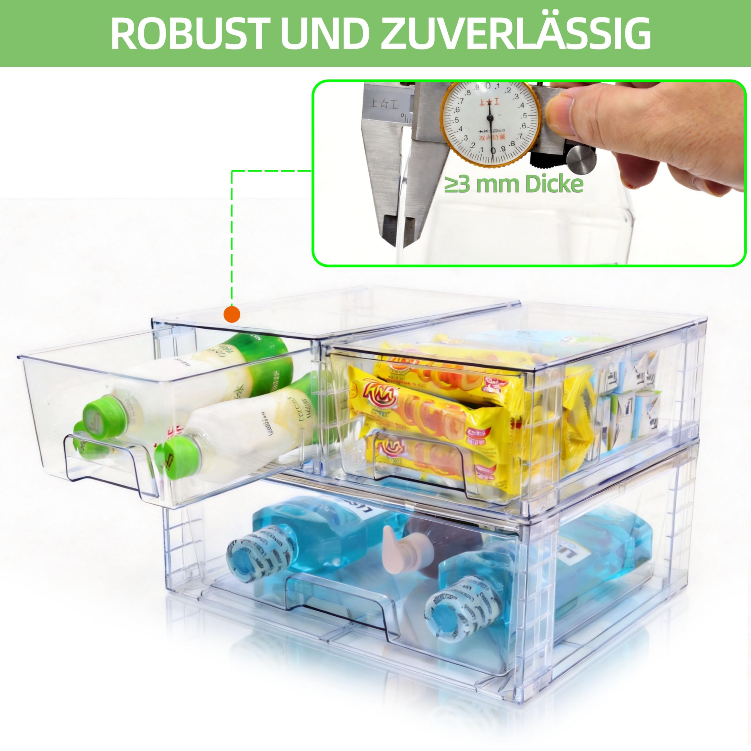 3er Set Breite Stapelbare Aufbewahrungsschubladen für Bad und Küche, Hochfeste Klare Acryl Organizer mit Griffen Einfach Zu Montierende Kunststoffboxen für Kühlschrank Schrank und Speisekammer