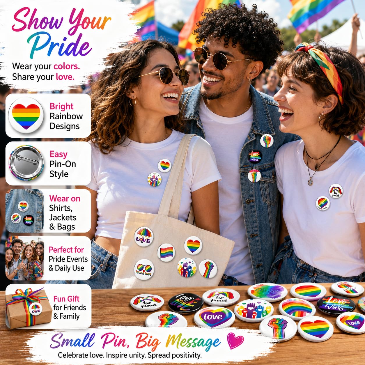 Insignias LGBTQ 16 Piezas 44MM, Pines Acero Inoxidable Puño Arcoíris, Set Broches Pride para Ropa