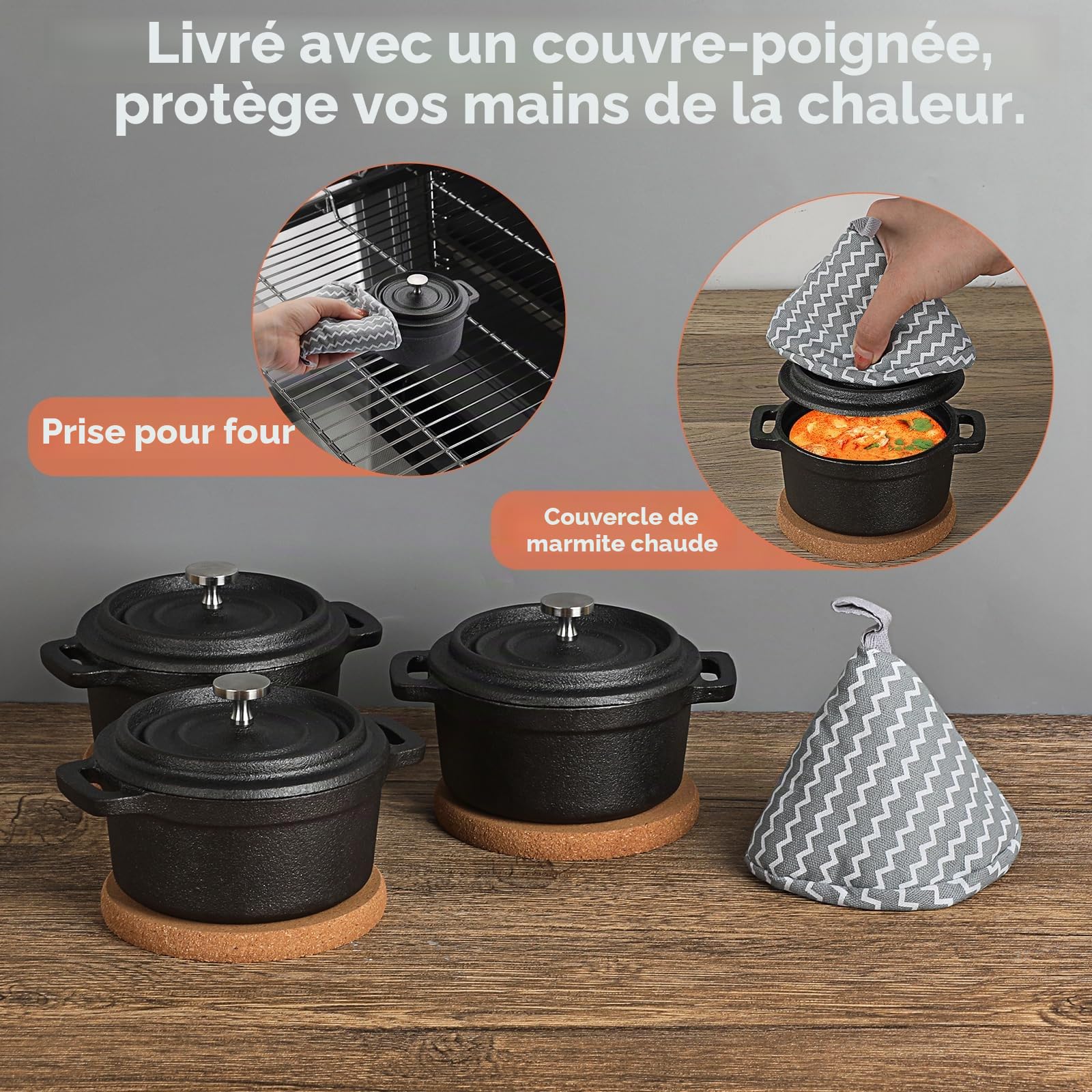 SUMNACON Lot de 3 mini cocottes rondes en fonte de 236,8 g avec couvercle et tapis en liège pour fête de famille, pique-nique