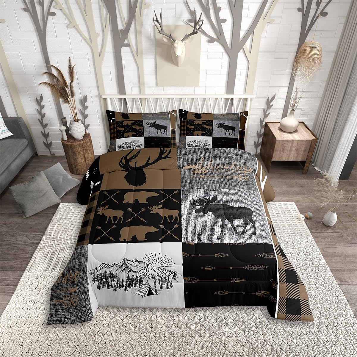 Rtic Cabin Lodge Patchwork Duvet Cover Twin Hunting Bear Deer Bedding Set Blue Black Grey Buffalo Check Plaid Comforter Cover For Boys Teen Men,Woodland Animal Wooden Board Quilt Cover 2 Pcs
