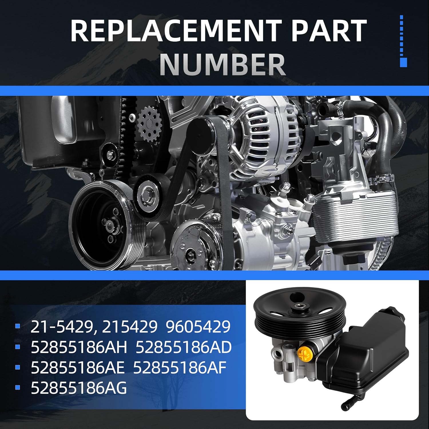 Power Steering Pump with Pulley, for Dodge Dakota 2005 2006 2007, 3.7L/4.7L, Power Assist Pump Replace 21-5429 215429 9605429 52855186AH 52855186AD 52855186AE