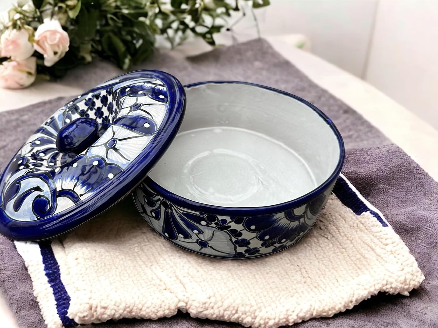 Handmade Blue & White Talavera Tortilla Bin | Mexican Pottery Tortilla Warmer 9"x4"