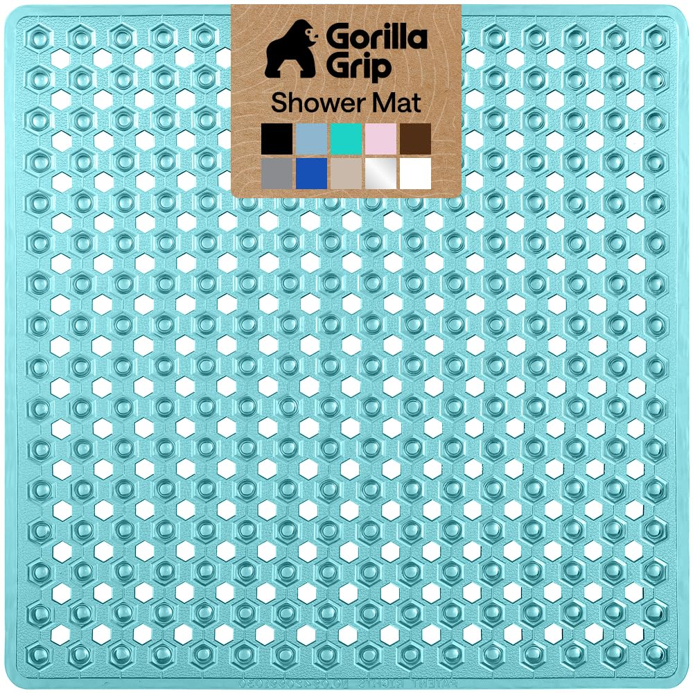 GORILLA GRIP Square Shower Stall Mat, Bathtub Floor Mat, 21x21 Turquoise