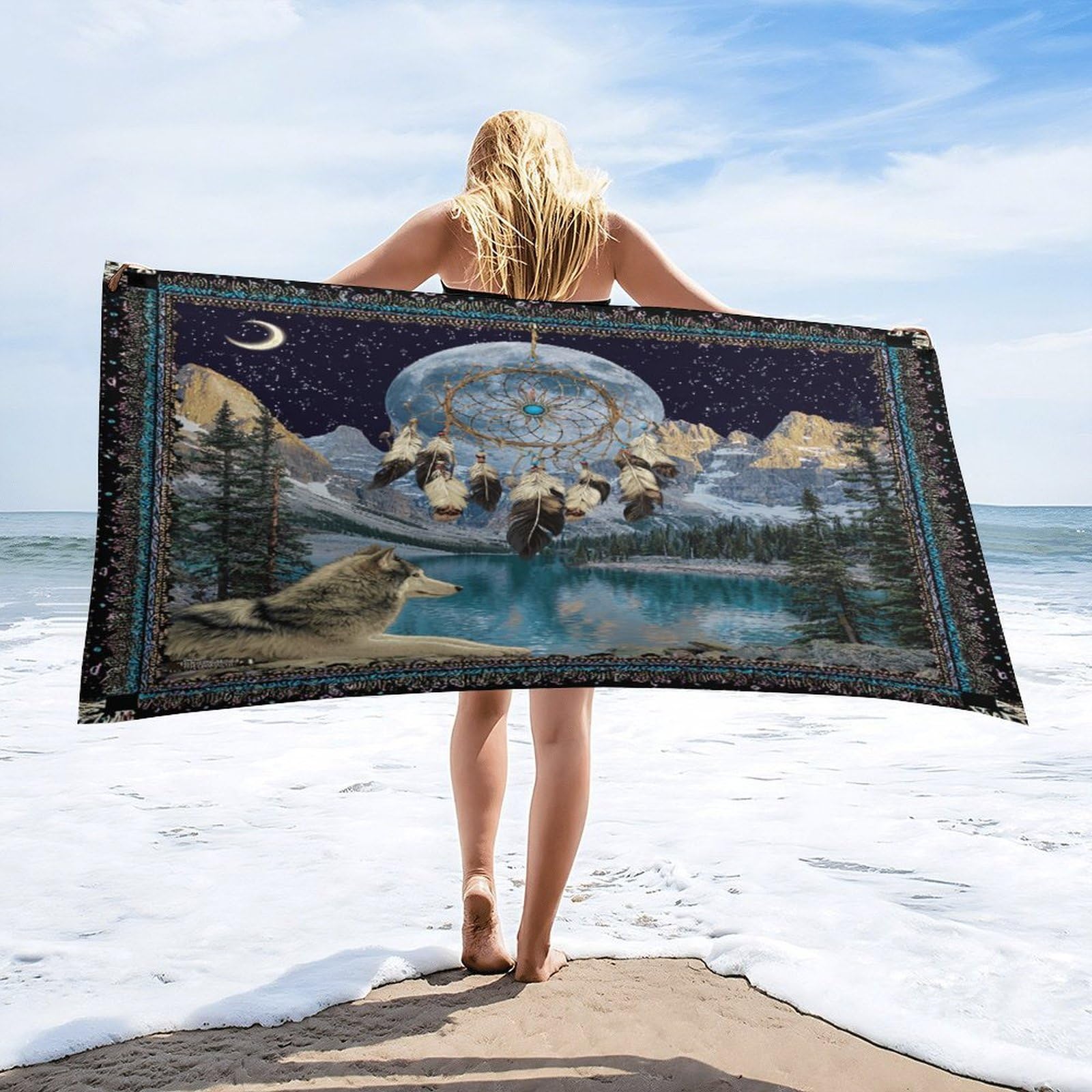 Luyysky Retro Abstract Dreamcatcher Absorbent Beach Towel, Modern Natural Mountain Lake Landscape Wildlife Wolf Outdoor Single-Sided Velvet Beach Towel-80 W Cm X 160" L Cm