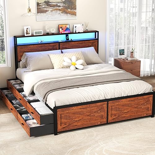 King Size Bed Frame with 12 Storage Drawers, LED Headboard with Charging Station, Metal Bed Frames, No Box Spring Needed, Noise Free, Stable and Solid, Red Brown