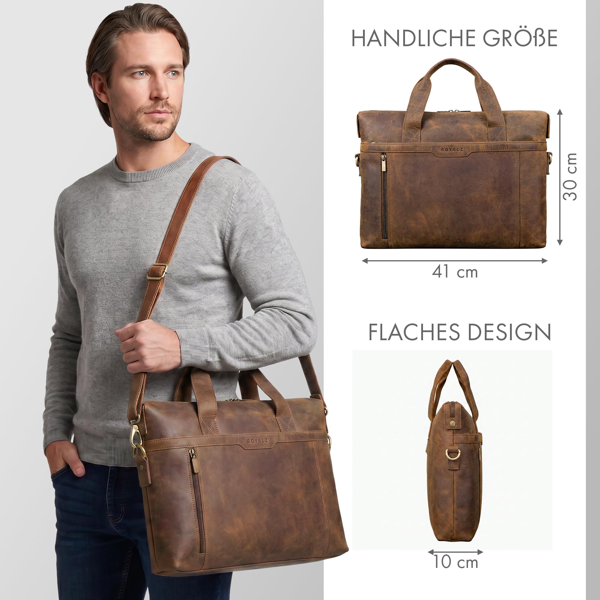 ROYALZ 'Seattle' Moderne Ledertasche Herren aus Echtleder groß - ideal als Business Aktentasche flache Laptoptasche 14-15.6 Zoll zum Reisen mit Trolley Halter;Farbe:Roma Cognac Braun