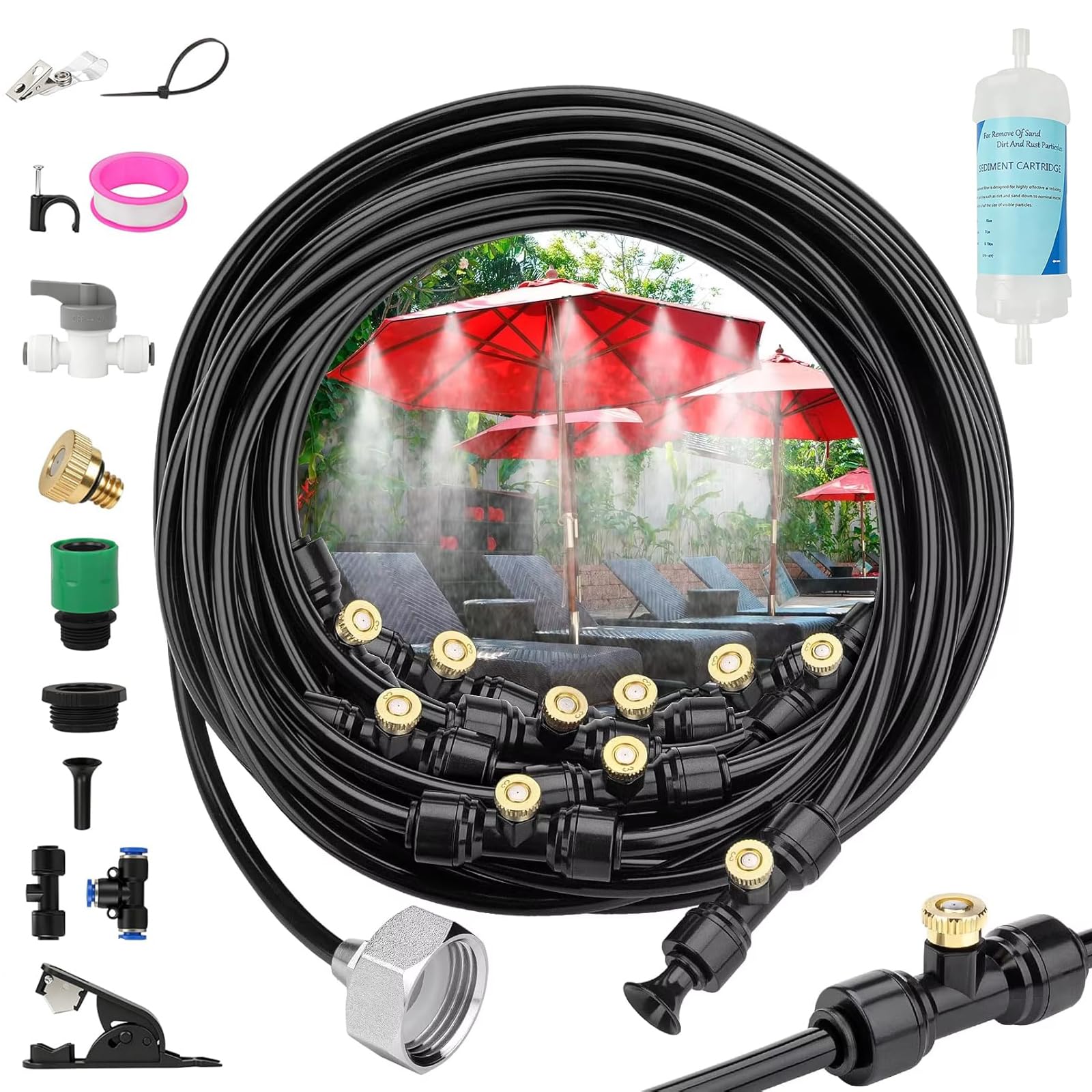 Garden Misting System, 8M/18M Misting Line with 18/25 Nozzles, Outdoor Mist Cooling System with Water Filter, Water Misting System for Garden Umbrellas, Patio, Lawn, Balcony, Gazebo (18M)