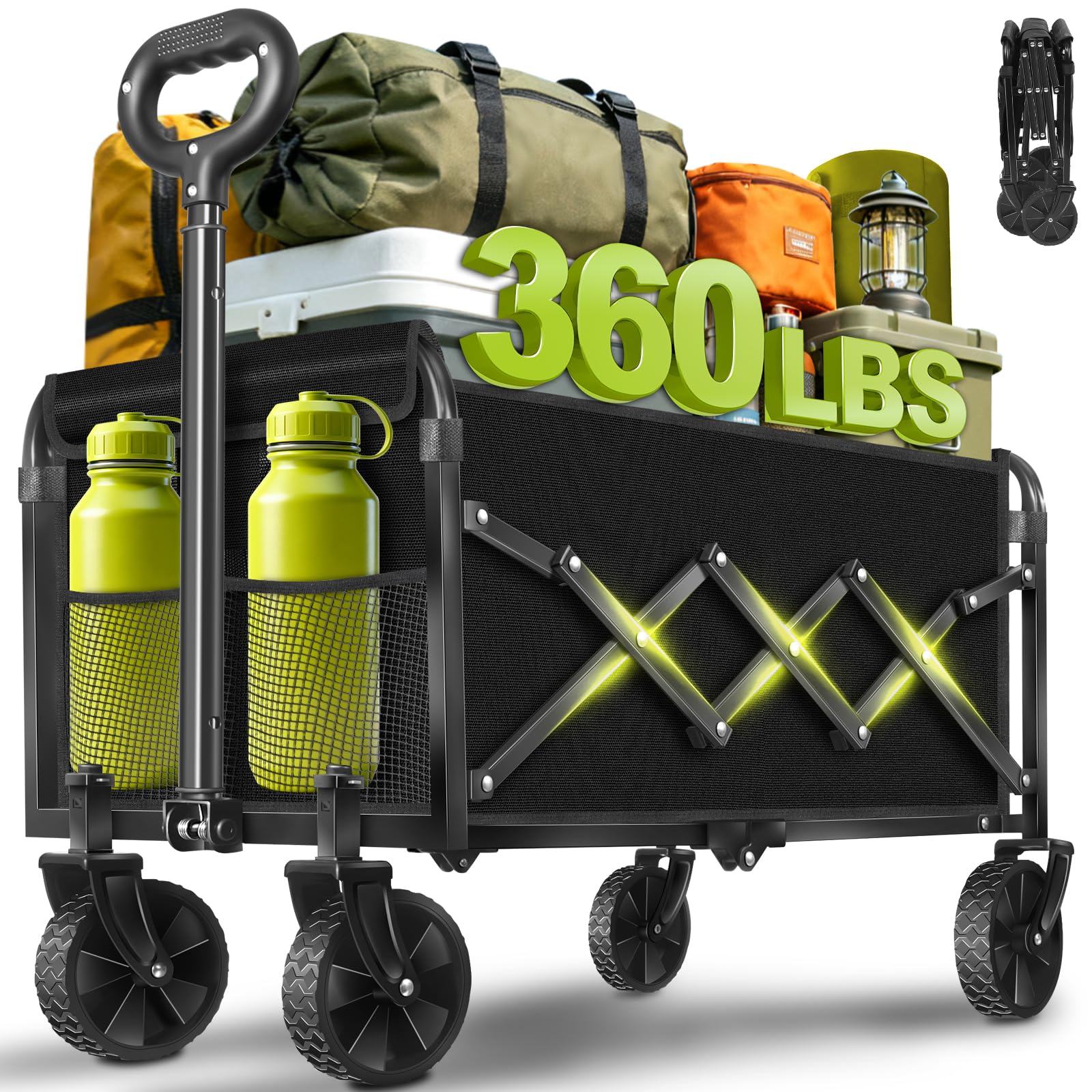 Wagons Carts Foldable, Collapsible Wagon with Wheels, Folding Wagons carts for Camp Sports Garden, Portable Utility Outdoor Wagon with 360lbs, Garden
