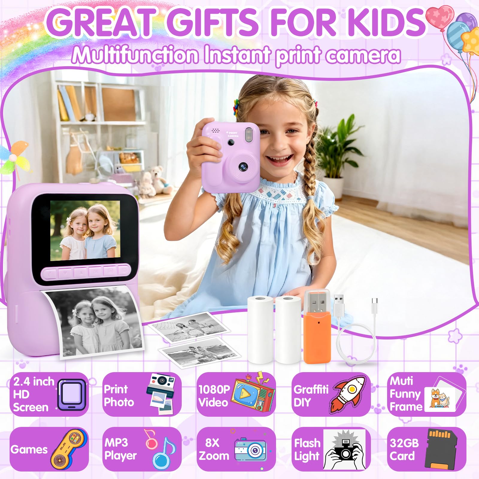 Appareil Photo Instantané, 2.4" Écran Appareil Photo Enfant avec Papier d'impression et Carte 32GB, 1080P Appareil Photo Numérique Enfant, Cadeau Jouet pour Enfant Garçons Filles de 3-14 Ans