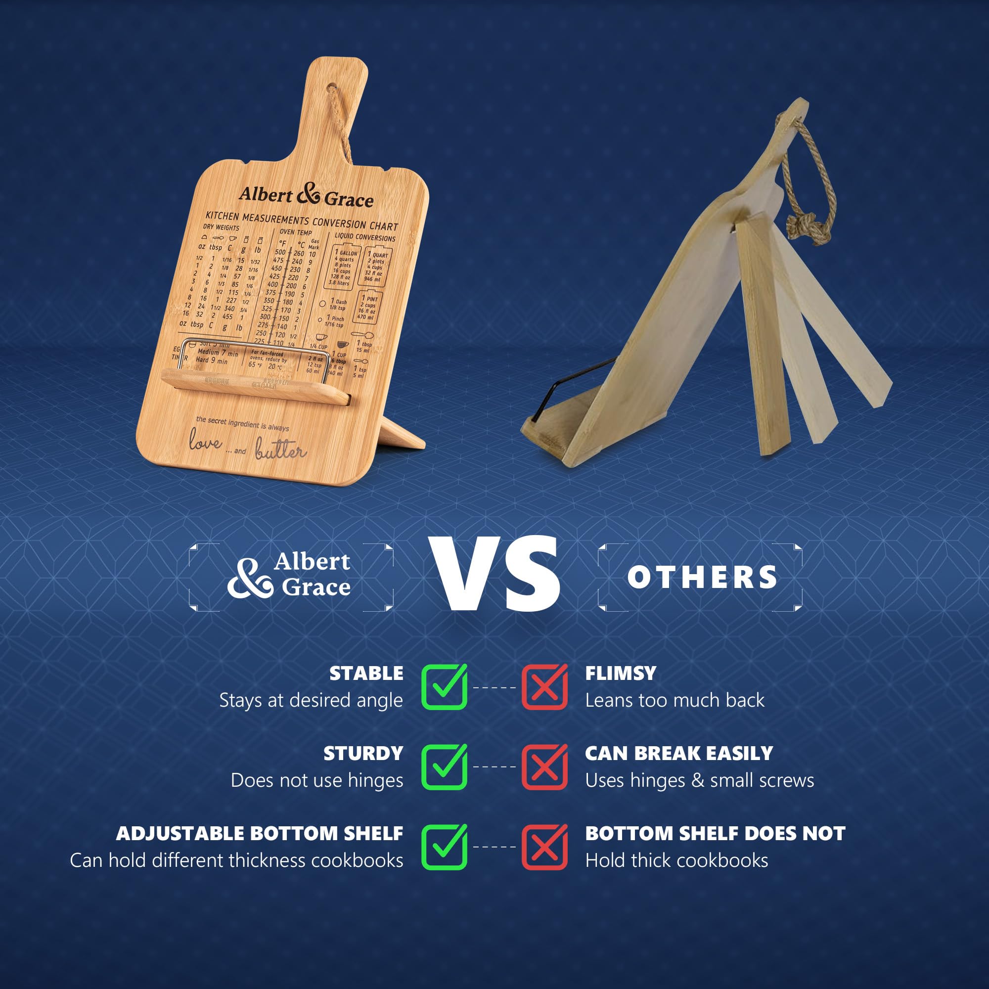 Albert&Grace Adjustable Bamboo Cookbook Stand with Conversion Chart - Recipe Book Holder for Kitchen Counter, Large Wooden Stand for Cookbooks, Tablets, & iPads - Image 6