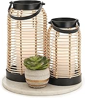 KIBAGA Natural Rattan Boho Lanterns Set of 2 - Handcrafted Modern Farmhouse Candle Holders for Coffee Table, Dining, Patio Decor