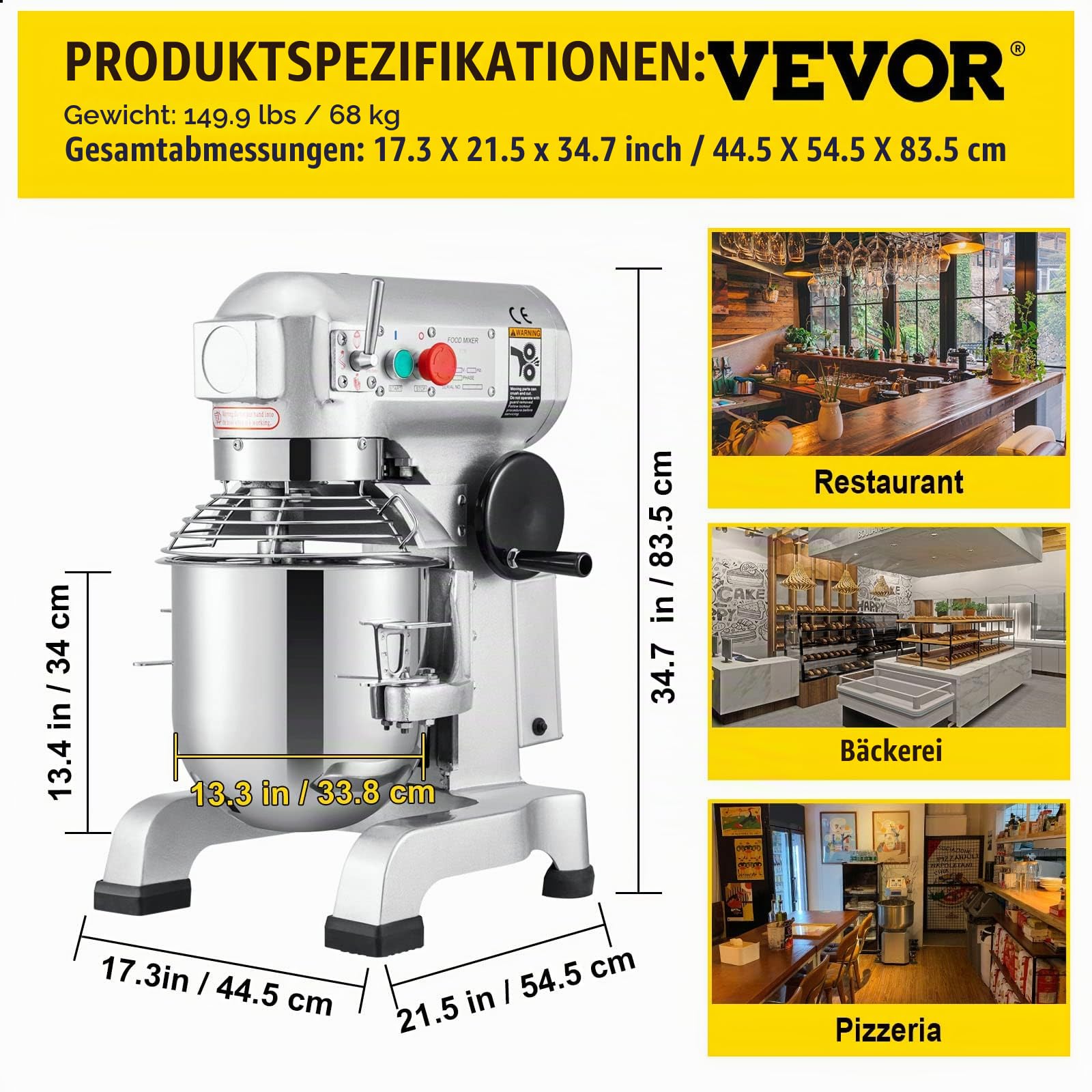 VEVOR Kommerzieller Knetmaschine 30L für Backbedürfnisse Pizzateig Brotteig usw. Kochmaschine Handelsüblicher 3-Gang-Standmixer aus Hochleistungsstahl Brandneuer