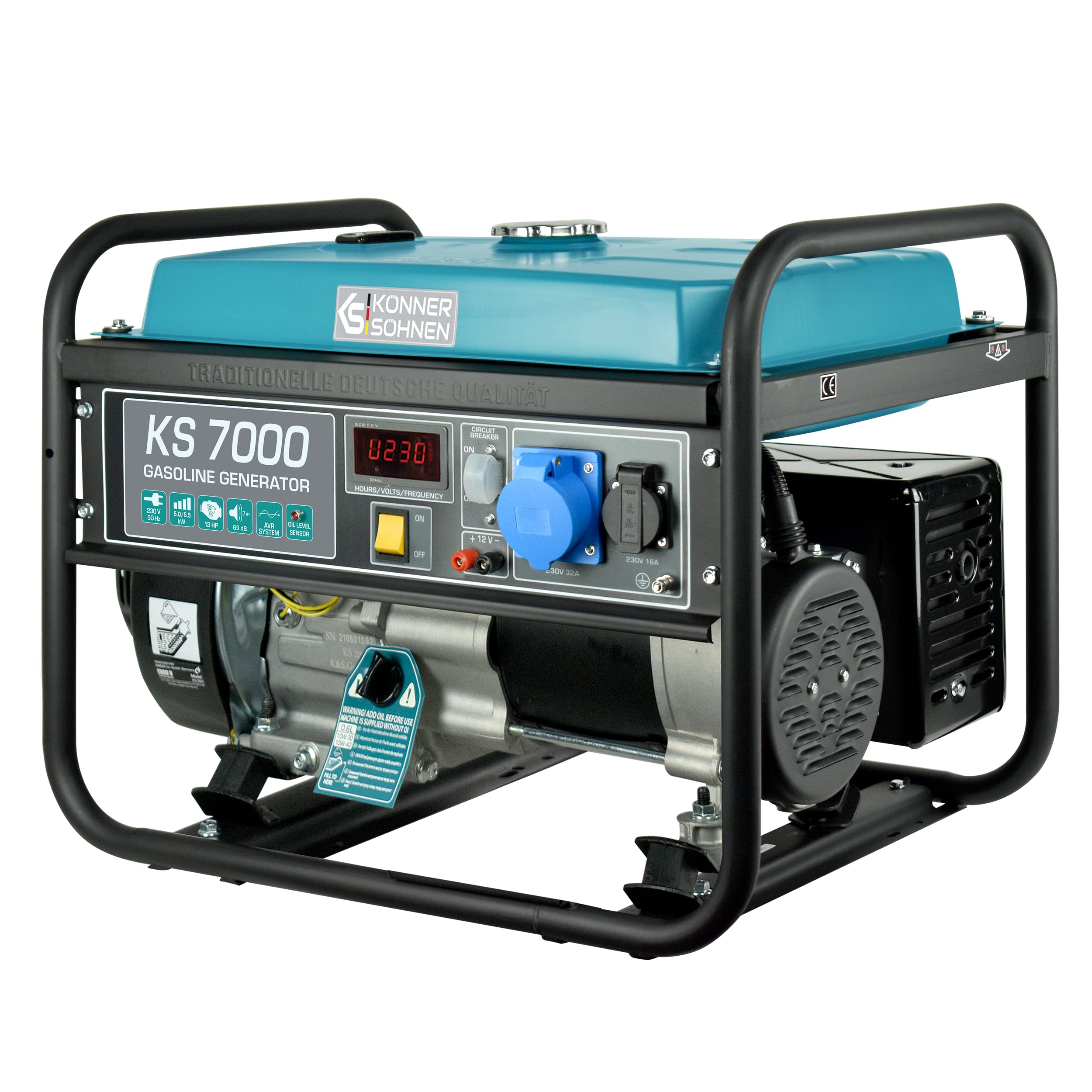Könner & Söhnen Generador de gasolina KS 7000, generador electrico 5500W, 1x16A, 1x32A (230V), motor original EURO-V, power station con (AVR), indicador aceite, protección ante sobrecarga, pantalla