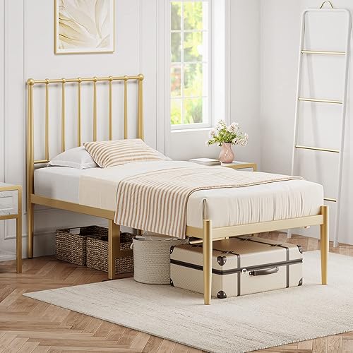 Amyove Base de cama individual de plataforma de metal con cabecero base de colchón de metal de 14 pulgadas para almacenamiento no necesita somier