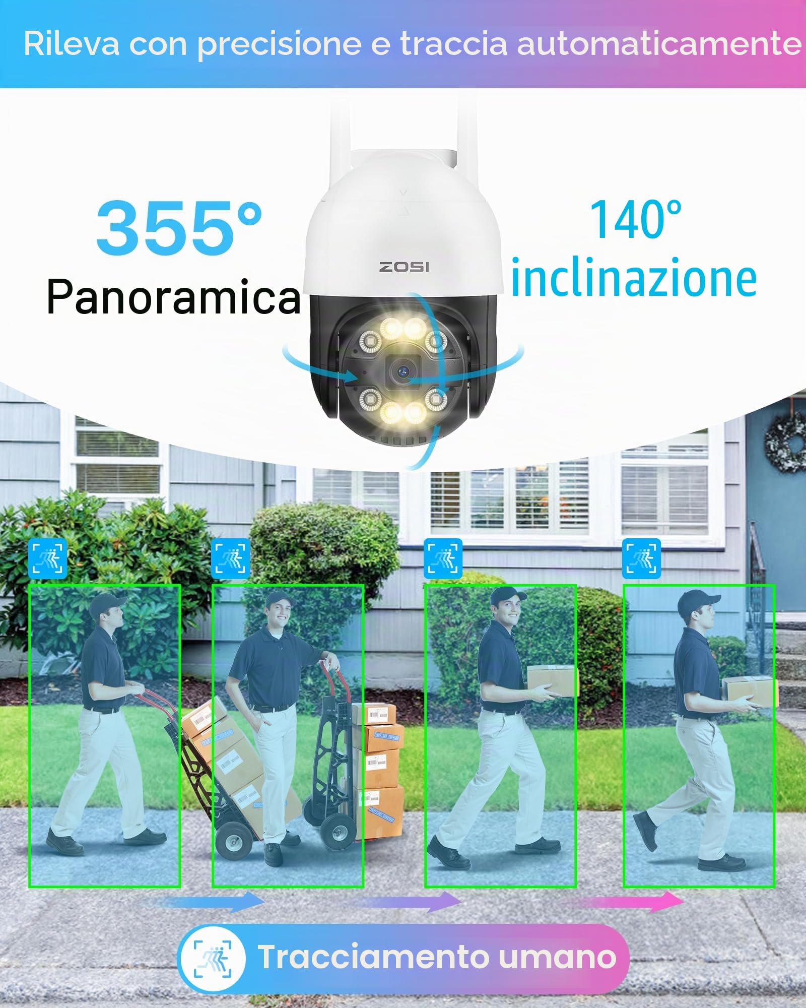 ZOSI Telecamera Wi-Fi Esterno 4MP, 2,5K Telecamera da Esterno WiFi 360° IP66, Visione Notturna a Colori, Videocamera Tracciamento Intelligente, Rilevamento di Umano, Veicoli e Aree