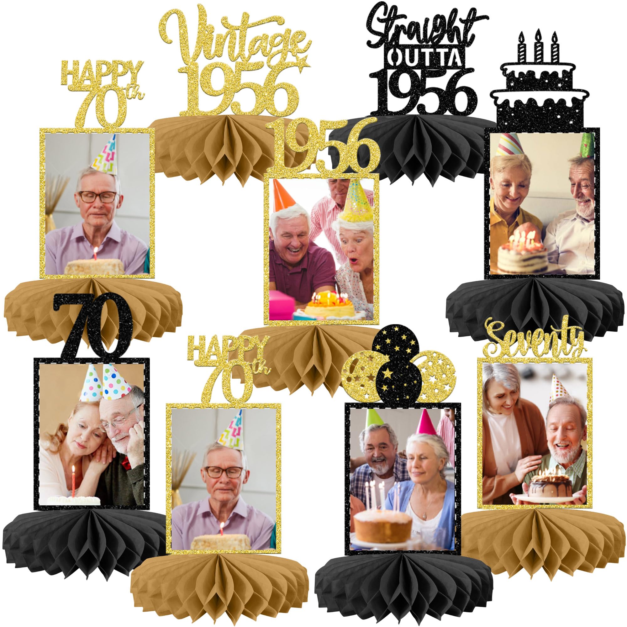 SYKYCTCY 8 Pack Happy 70th Birthday Honeycomb Table Centerpiece Hello Seventy Cheers to 70 Table Toppers Centerpieces Decro for 70th Birthday Theme Wedding Party Table Decorations Supplies