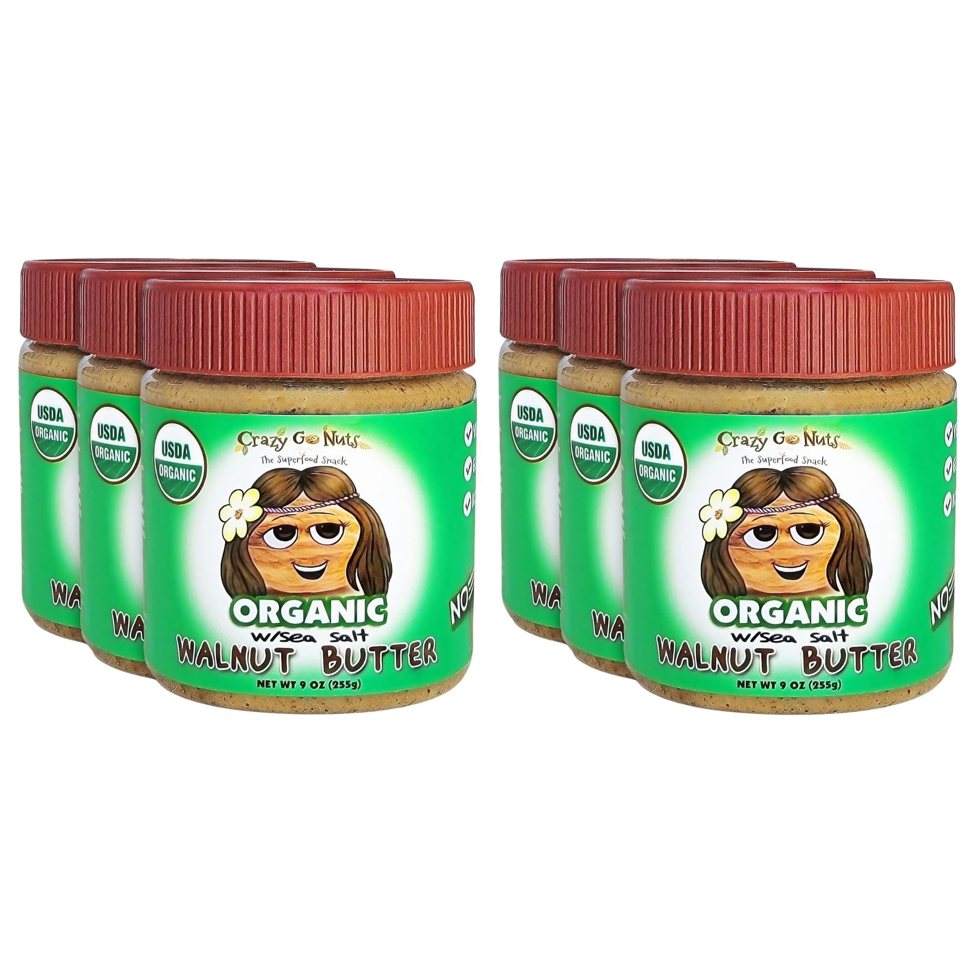 Crazy Go Nuts Organic Walnut Butter - Plain w/ Sea Salt - Healthy Snacks, Keto, Vegan, Low Carb, Gluten Free, Superfood - Natural, Non-GMO, ALA, Omega 3 Fatty Acids, Good Fats and Antioxidants - 9 oz (6-Pack)