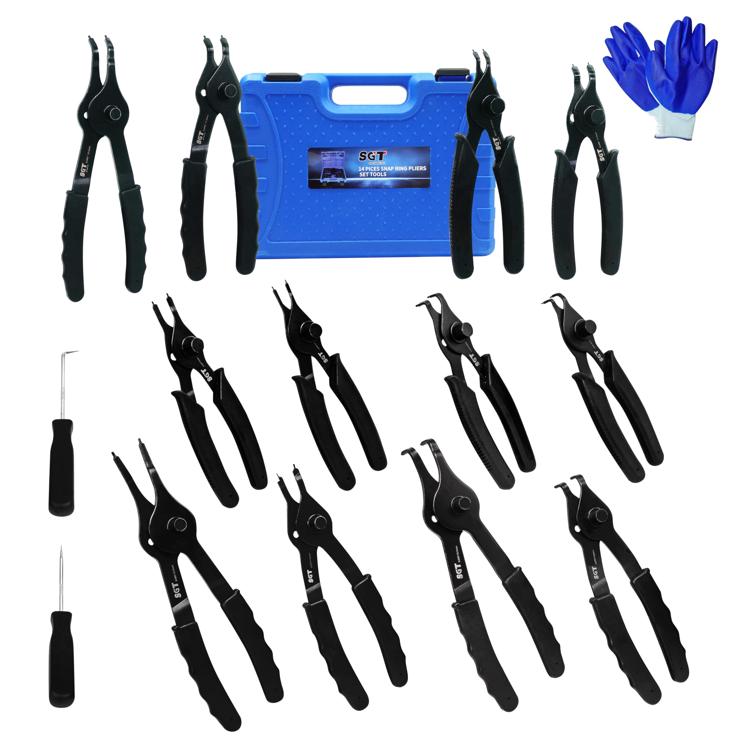 SGT 14pc Snap Ring Pliers Set,Internal & External Circlip Pliers with 45°/90° Bent and Straight Pliers, Hook & Pick,Heavy Duty Removal Tool with