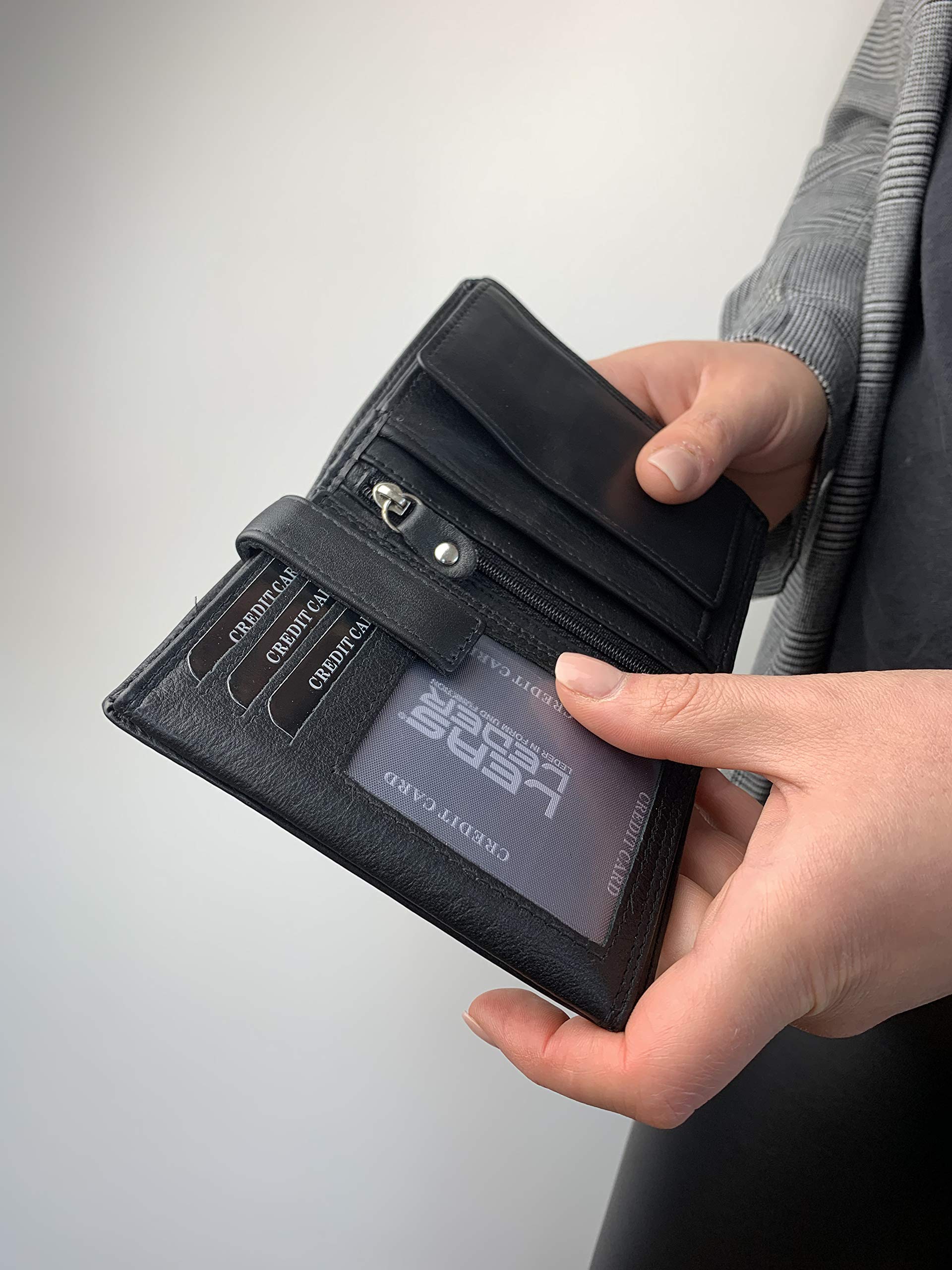 Biker Cartera hombre con cadena Monedero mujer pequeña de piel, estilo box para señores y señoras RFID Monedero Protección de Informaciones privadas Cartera de Bloqueo RFID LEAS, Piel auténtica, negro