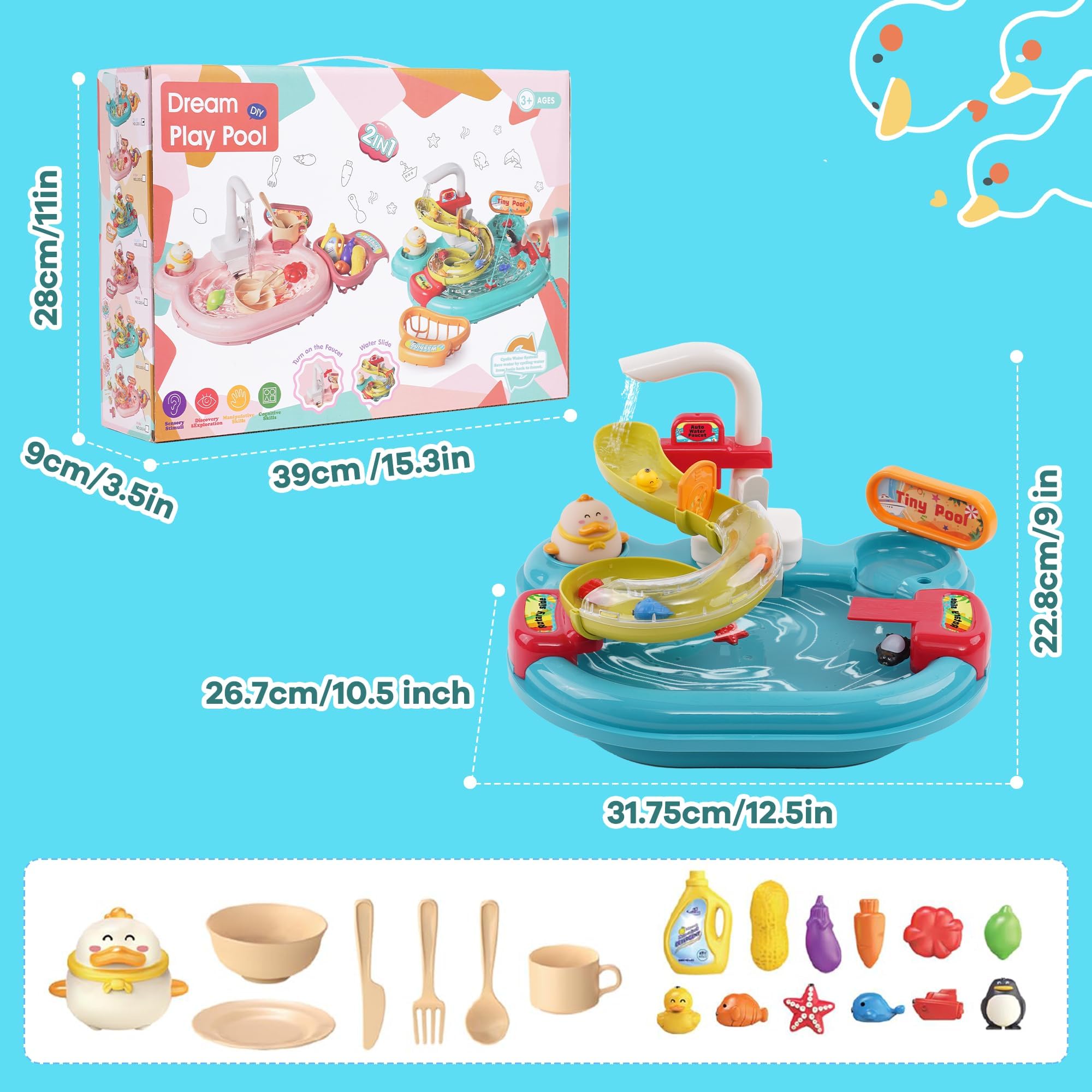 Giocattoli per lavello da Cucina per Bambini,Lavastoviglie Giocattolo Con Acqua Corrente, Rubinetti Automatici Accessori Stoviglie, Gioco Di Ruolo Lavello Set Regali Per Bambini 3+Anni