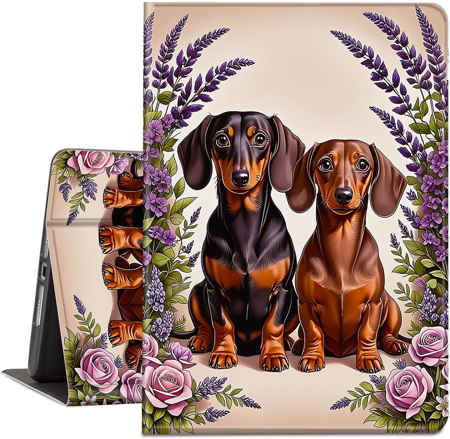 Case for 10.1" All-New Kindle Fire HD 10 Tablet (13th/11th Generation 2023/2021 Release) - PU Leather Auto Sleep/Wake, Slim Lightweight Protective Cover – Dachshund Dog Rose