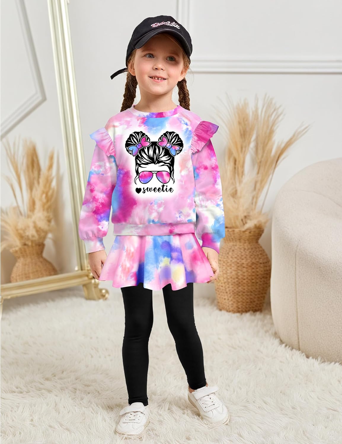 Toddler Girl Clothes,2 Piece Tie Dye Girls Outfits Ruffle Sleeve Graphic Print Top + Skirt Leggings Kids Clothing Set - Image 3