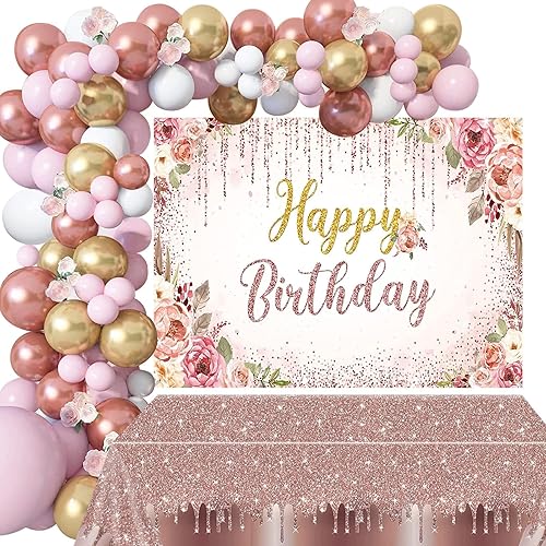 Decoraciones florales de feliz cumpleaños para mujer, 131 piezas de suministros de fiesta de cumpleaños con flores de oro rosa, incluyendo telón de