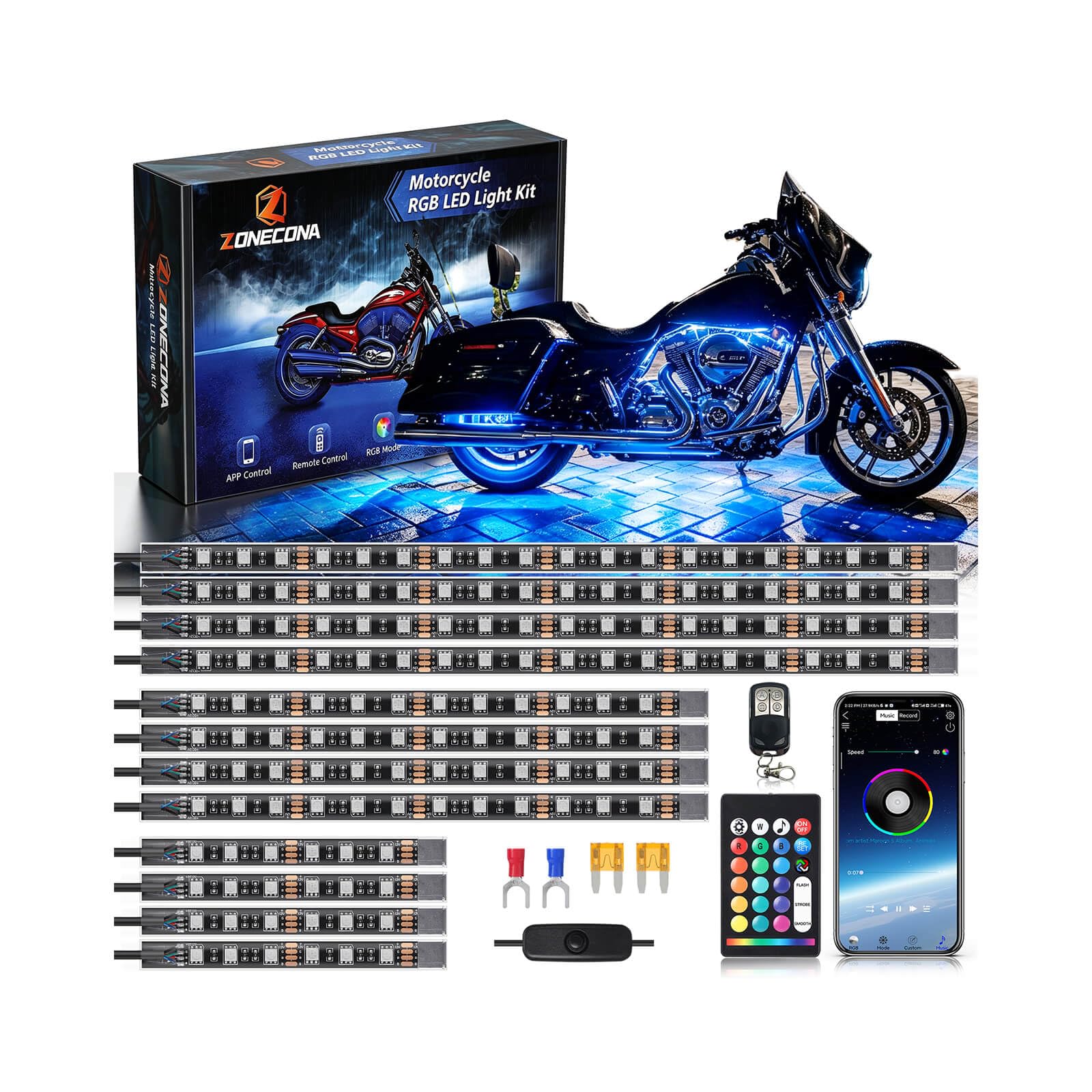 12PC Motorcycle RGB LED Underglow Light Kit Segmented Accent Strip