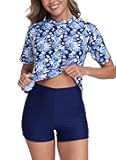 Halcurt Women Short Sleeve Two Piece Rash Guard Set UPF 50 Swim Shirt with Board Shorts