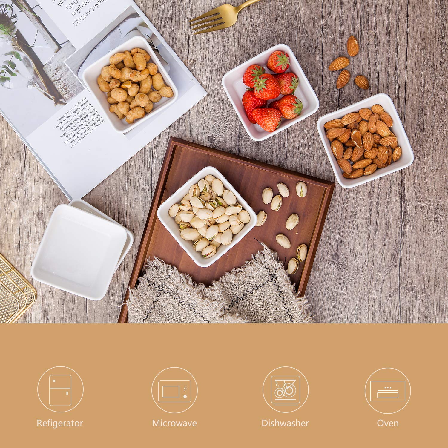 Lot de 10 ramequins carrés en porcelaine blanche de 170,1 g, 8,9 cm, mini bols à tremper, bols à dessert blancs pour pâtisserie, apéritif, sauce, soufflé, crème brûlée