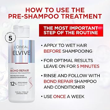 L’Oreal Paris Elvive Bond Repair Full Routine Set for Damaged Hair, Pre-Shampoo Treatment 200ml, Shampoo 200ml and Conditioner 150ml, Deep Intensive Hair Repair Treatment, Rebuild Broken Hair Bonds