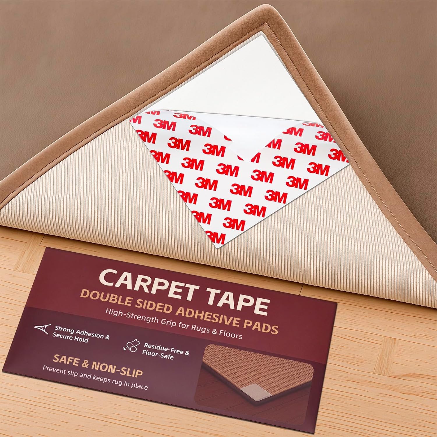 12PC Carpet Tape Double Sided Heavy Duty Rug Tape for Hardwood Floors Non-Slip Carpet Adhesive Tape for Area