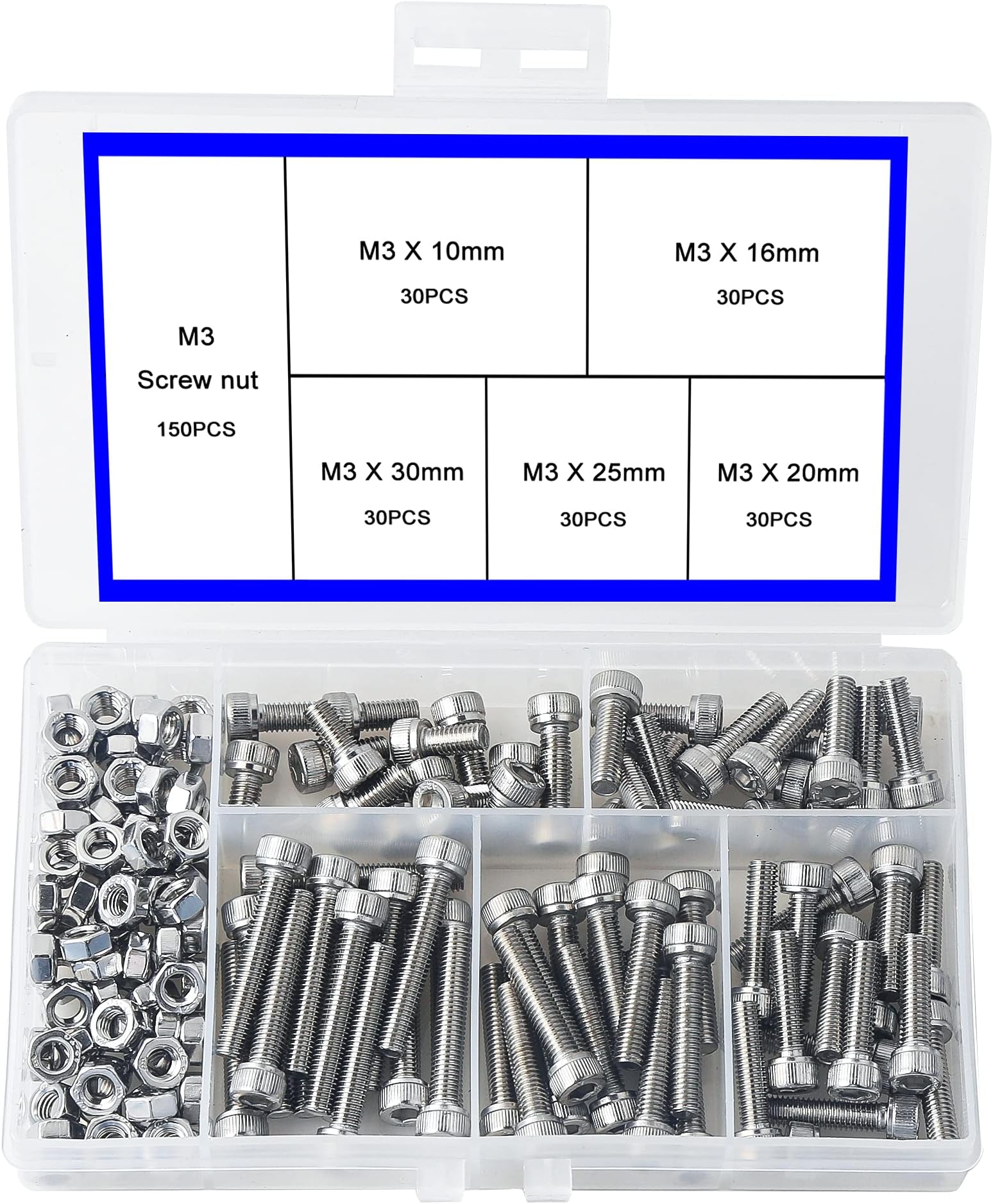 newlngM3 Nuts and Bolts Set 304 Stainless Steel Hexagon Socket Head Cap Screws Hexagon Socket Head Screw Head Mechanical Parts Bolt and Nut Combination Box