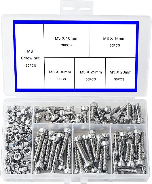 M3 Nuts and Bolts Set 304 Stainless Steel Hexagon Socket Head Cap Screws Hexagon Socket Head Screw Head Mechanical Parts Bolt and Nut Combination Box