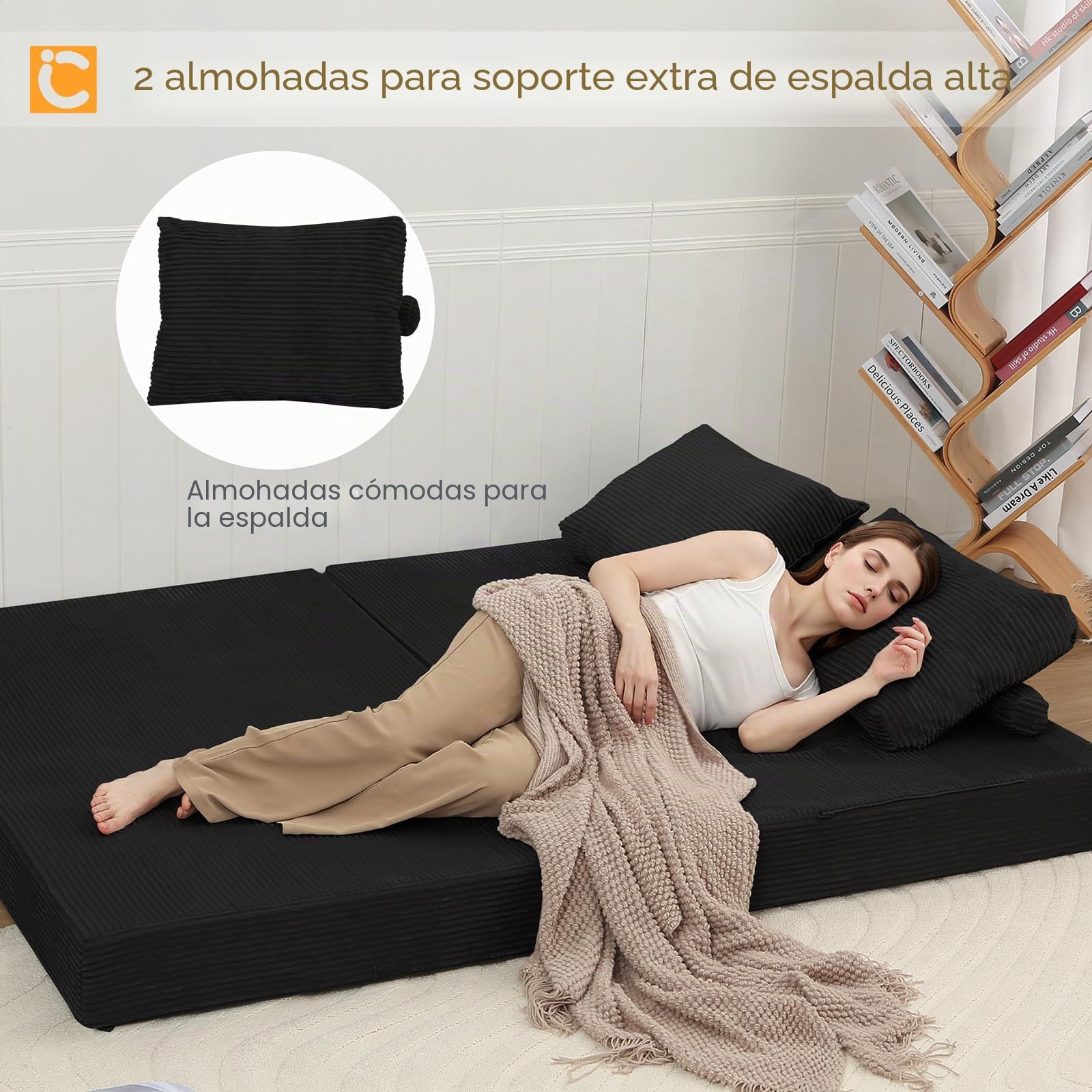 MeMoreCool Sofá cama convertible, sofá plegable sin huesos con funda de pana, colchón plegable con almohadas, cómodo sofá de espuma para sala de estar, dormitorio, habitación de invitados, color negro