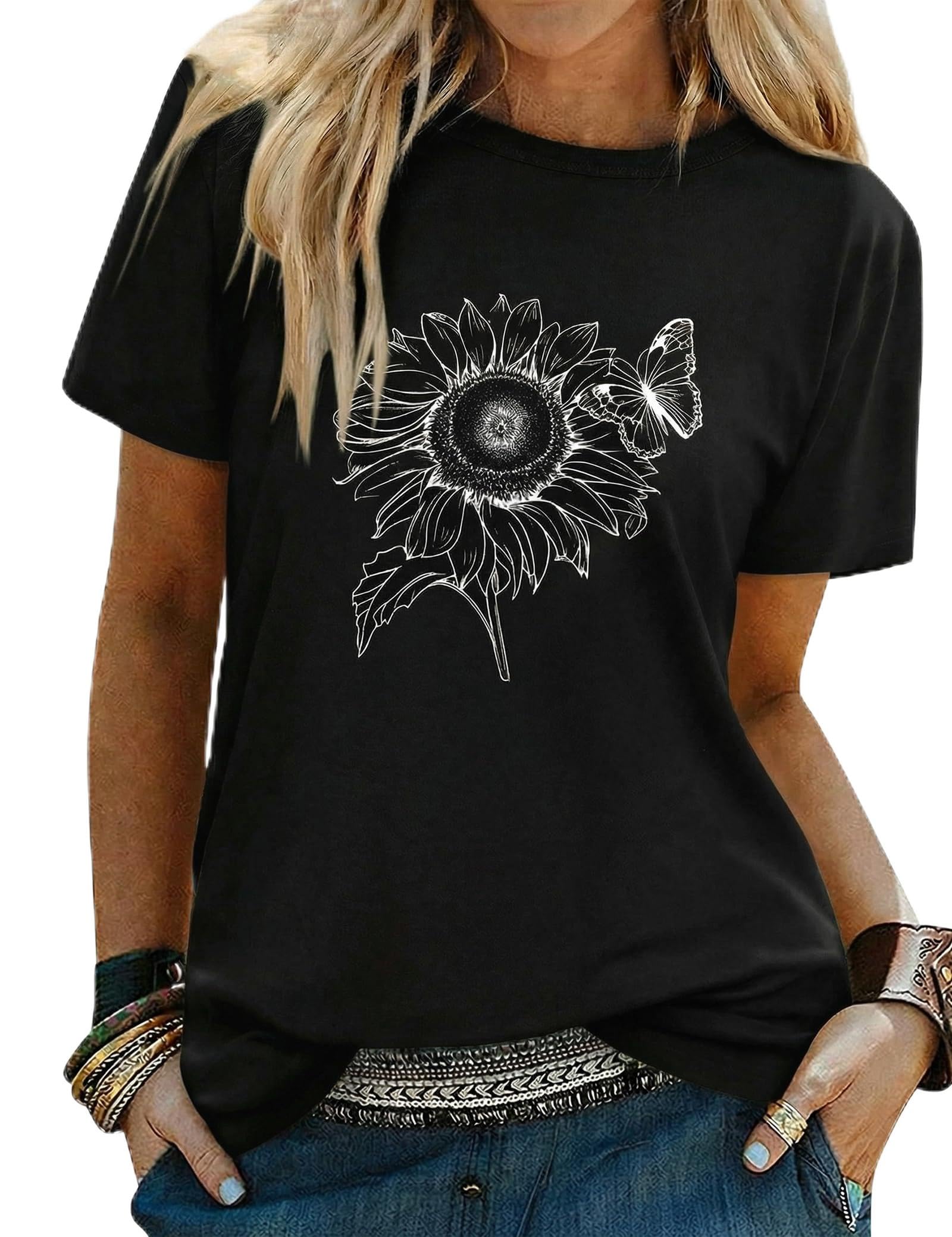 Gyabnw Damen Sonnenblumen T Shirt Sommer Rundhals Basic Tops Kurzarm Bluse Casual Freizeit Oberteil