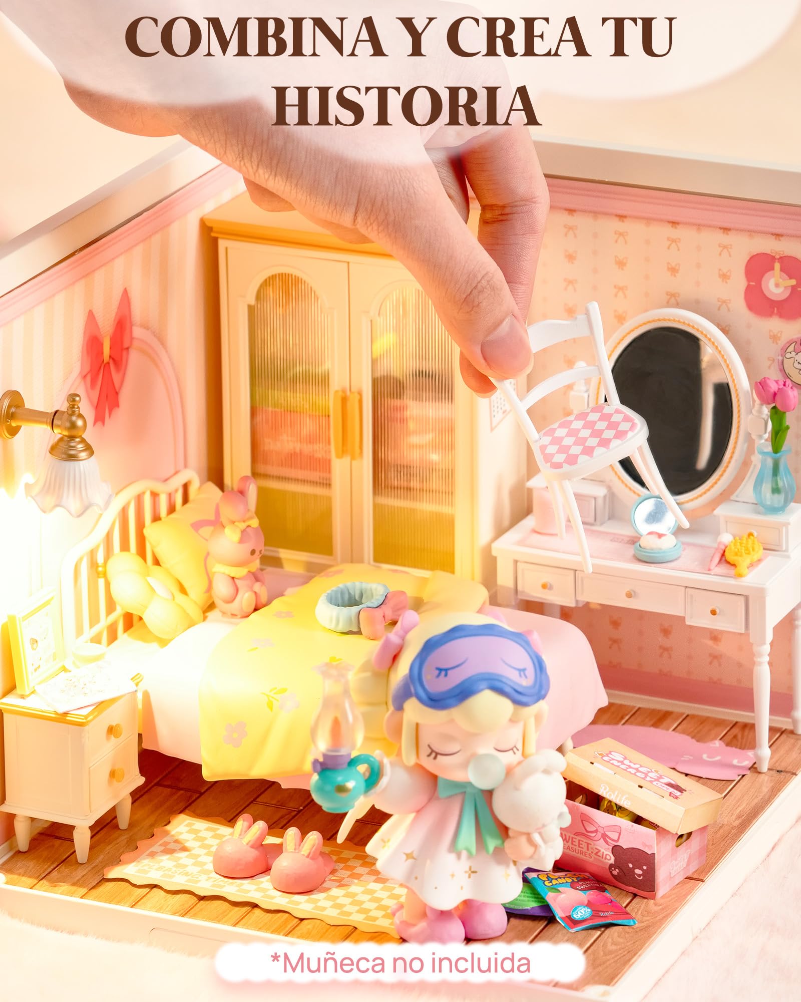Rolife Super Creator Lovely Pink Bedroom, Casa de Muñecas DIY con Iluminación LED, Kit Sin Pegamento, Decoración de Dormitorio y Escritorio, Regalo Original para Mujer y Niña