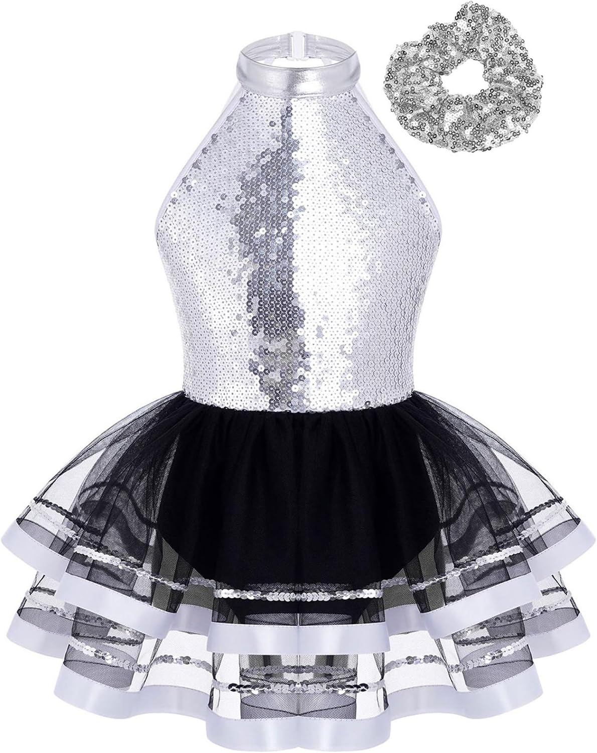 Kids Girls Sequins Ballet Dance Dress Tutu Skirt Leotard Jazz Latin Ballerina Costume with Hair Scrunchie