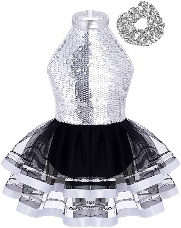 Kids Girls Sequins Ballet Dance Dress Tutu Skirt Leotard Jazz Latin Ballerina Costume with Hair Scrunchie