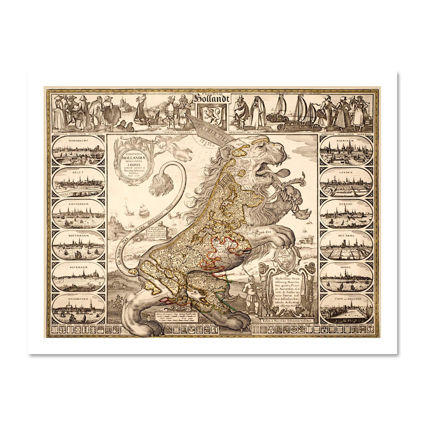 Wee Blue Coo Map Antique Lion Netherlands Leo Visscher Art Large Framed Art Print Poster Wall Decor 18x24 inch