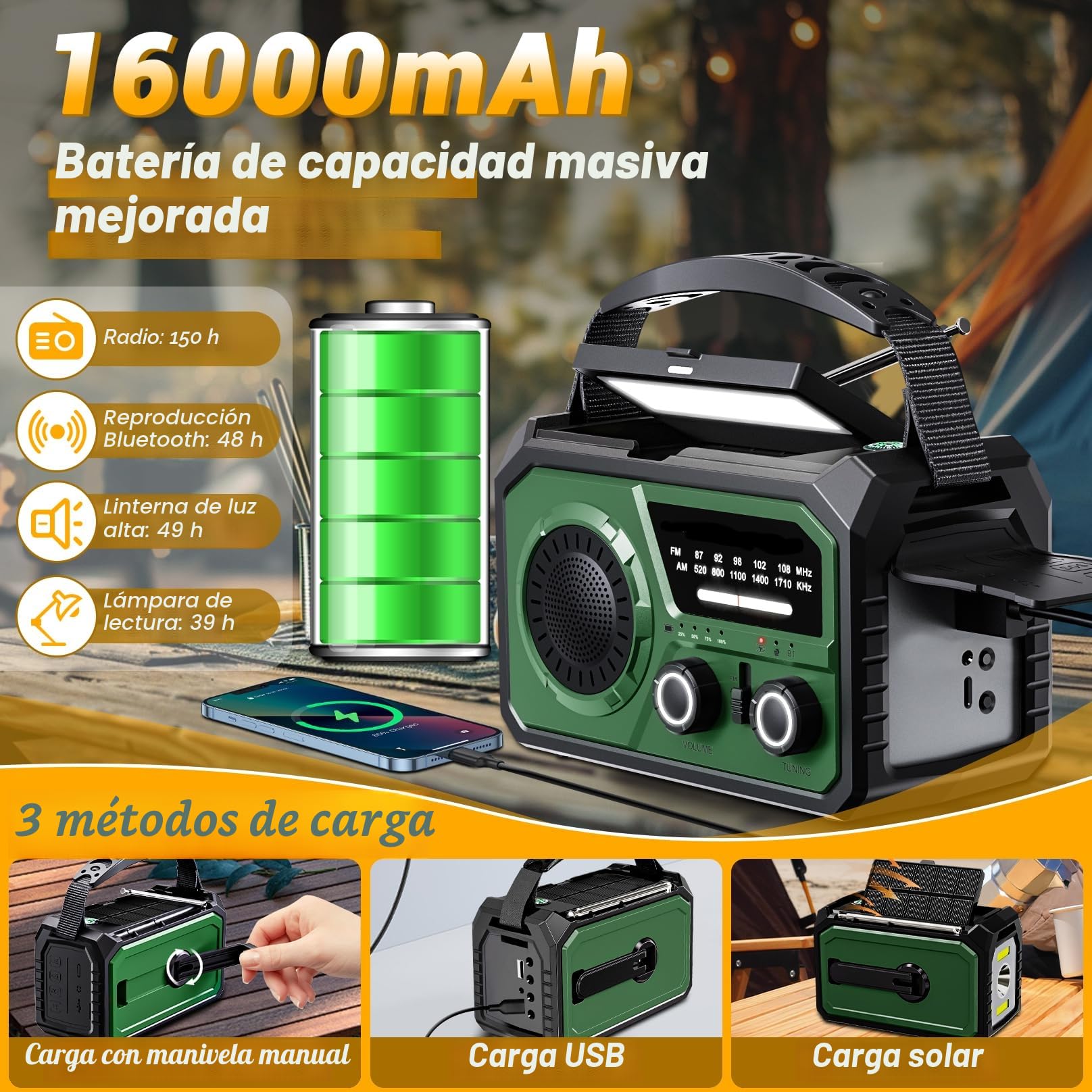 Radio solar de 16000 mAh, radio AM/FM, portátil, USB, con batería recargable de 59200 mWh, linterna LED, alarma SOS y dinamo de manivela para camping, viajes (verde militar)
