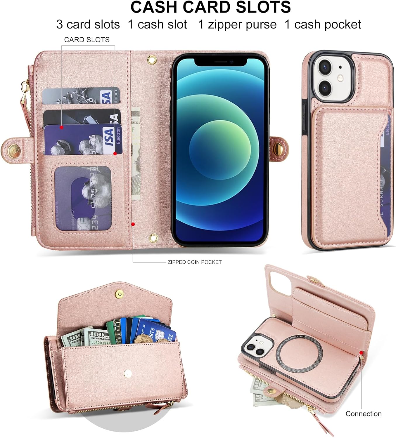 Phone Case for iPhone 12 Mini 5.4 Wallet Cover Compatible with Magsafe RFID Screen Protector Crossbody Lanyard Strap Flip Card Holder Slot Zipper Cell iPhone12mini 5G i 12s iPhone12 12mini Rose Gold